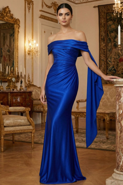 Royal Blue Formal Evening Dress Mermaid Off the Shoulder Cape Satin Maxi Dress 