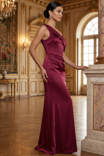 Burgundy Formal Evening Dress Off the Shoulder Ruched Satin Maxi Dress 