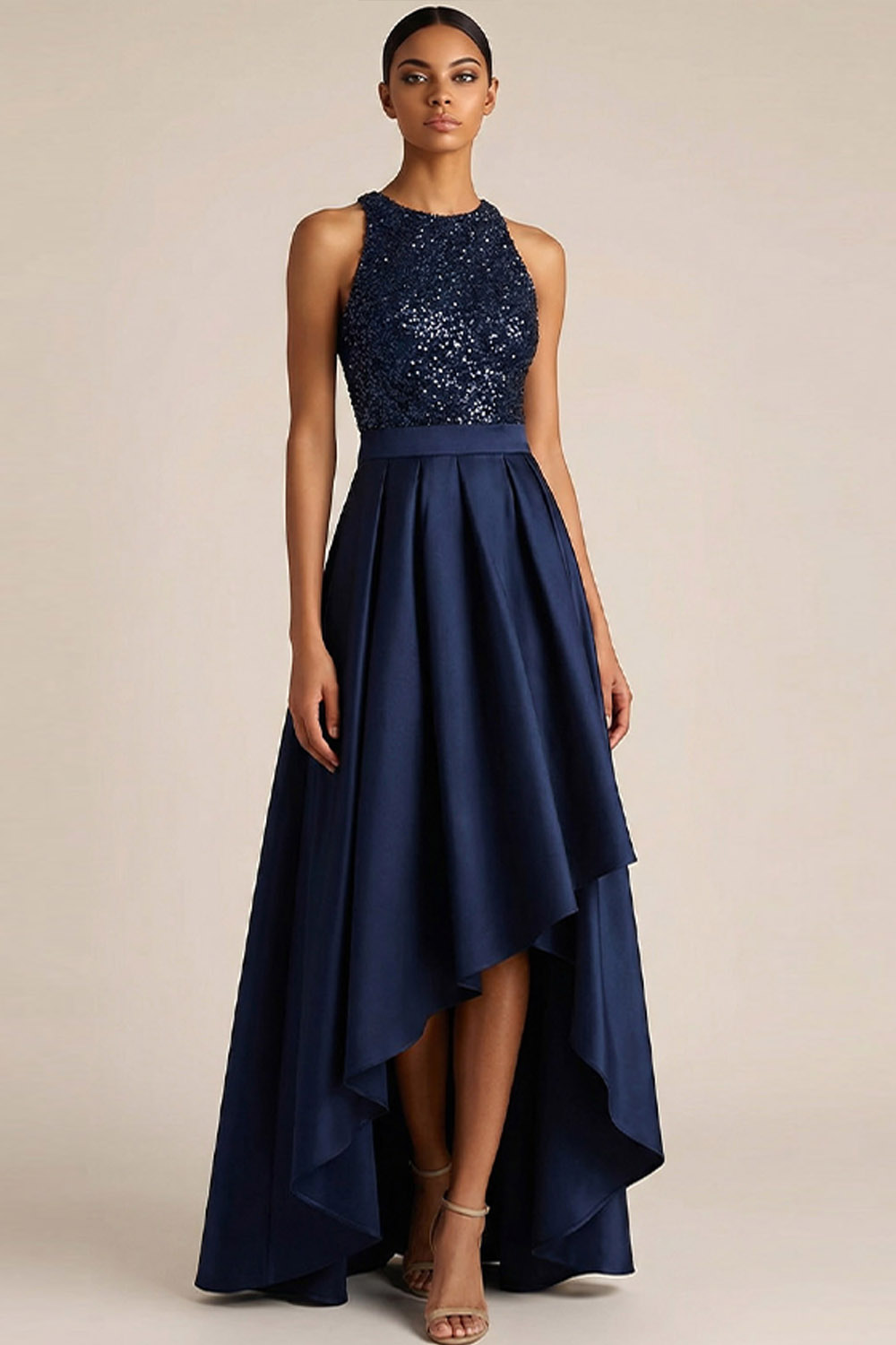 Navy Formal Party Dress Round Neck Sleeveless Sequin High-Low Dress