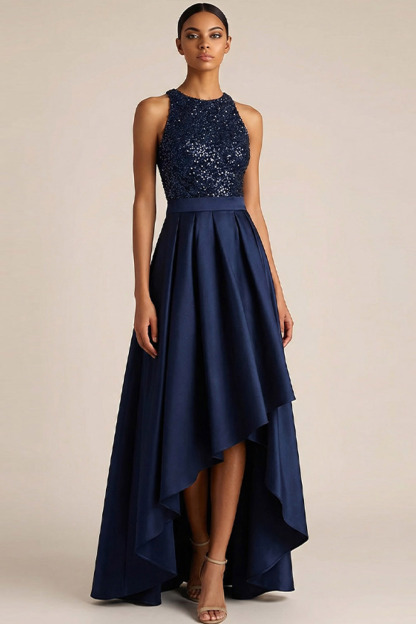 Navy Formal Party Dress Round Neck Sleeveless Sequin High-Low Dress 