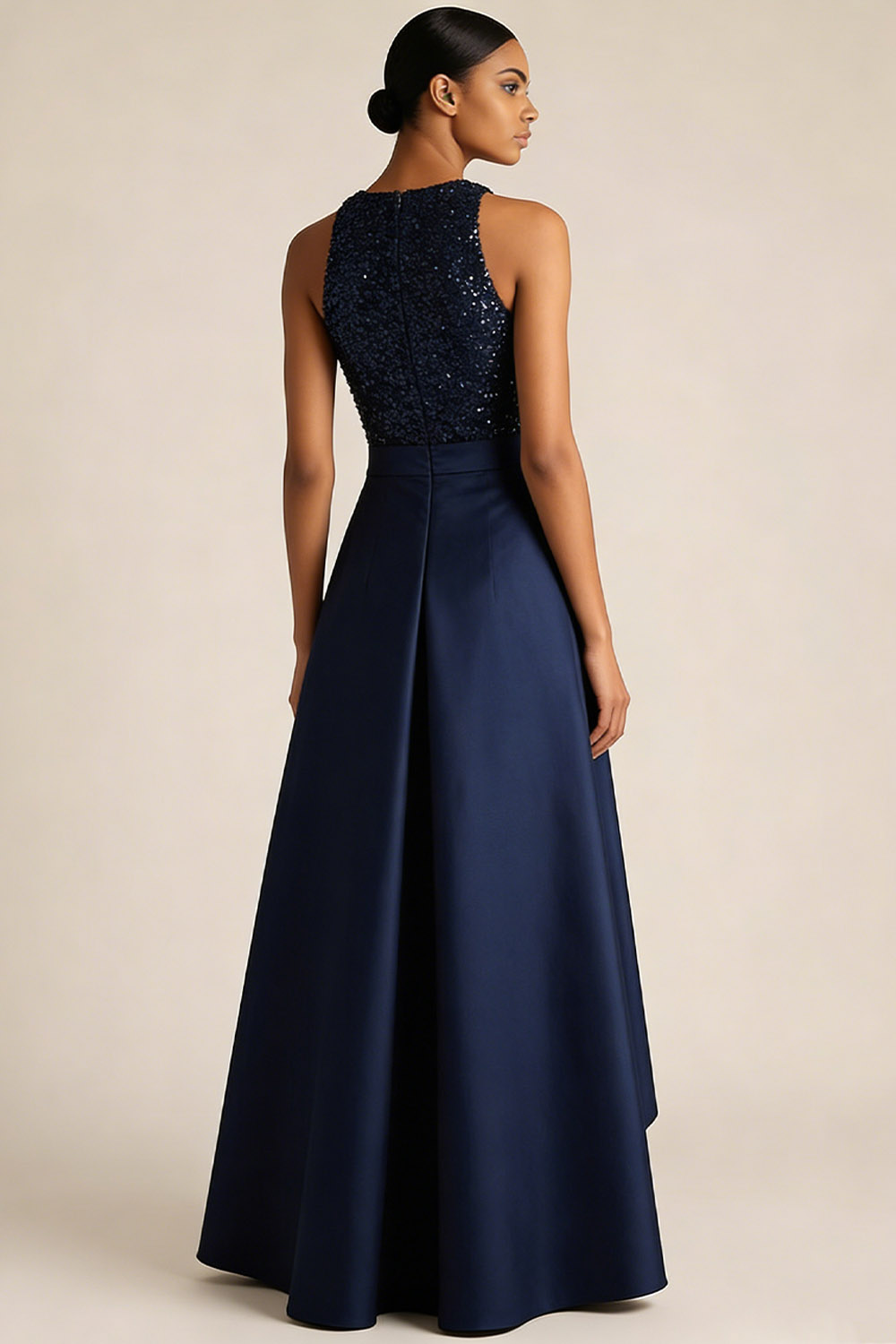 Navy Formal Party Dress Round Neck Sleeveless Sequin High-Low Dress 