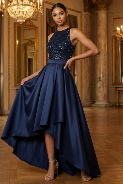 Navy Formal Party Dress Round Neck Sleeveless Sequin High-Low Dress 