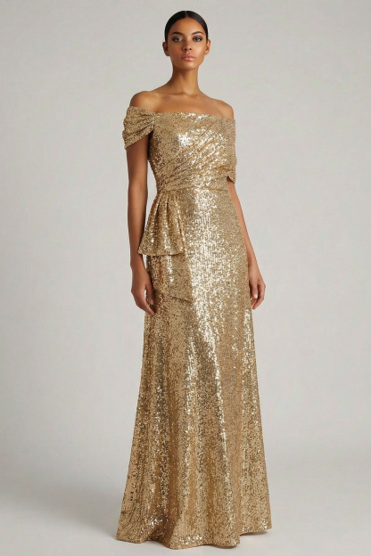 Champagne Formal Party Dress A-Line Off the Shoulder Sequin Maxi Dress 