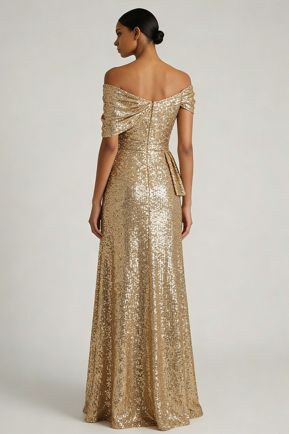 Champagne Formal Party Dress A-Line Off the Shoulder Sequin Maxi Dress 