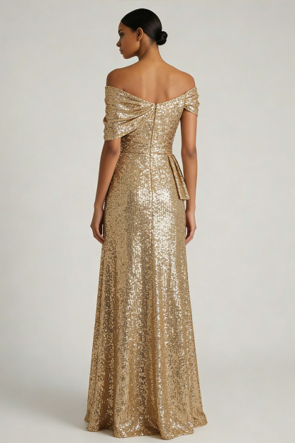 Champagne Formal Party Dress A-Line Off the Shoulder Sequin Maxi Dress 