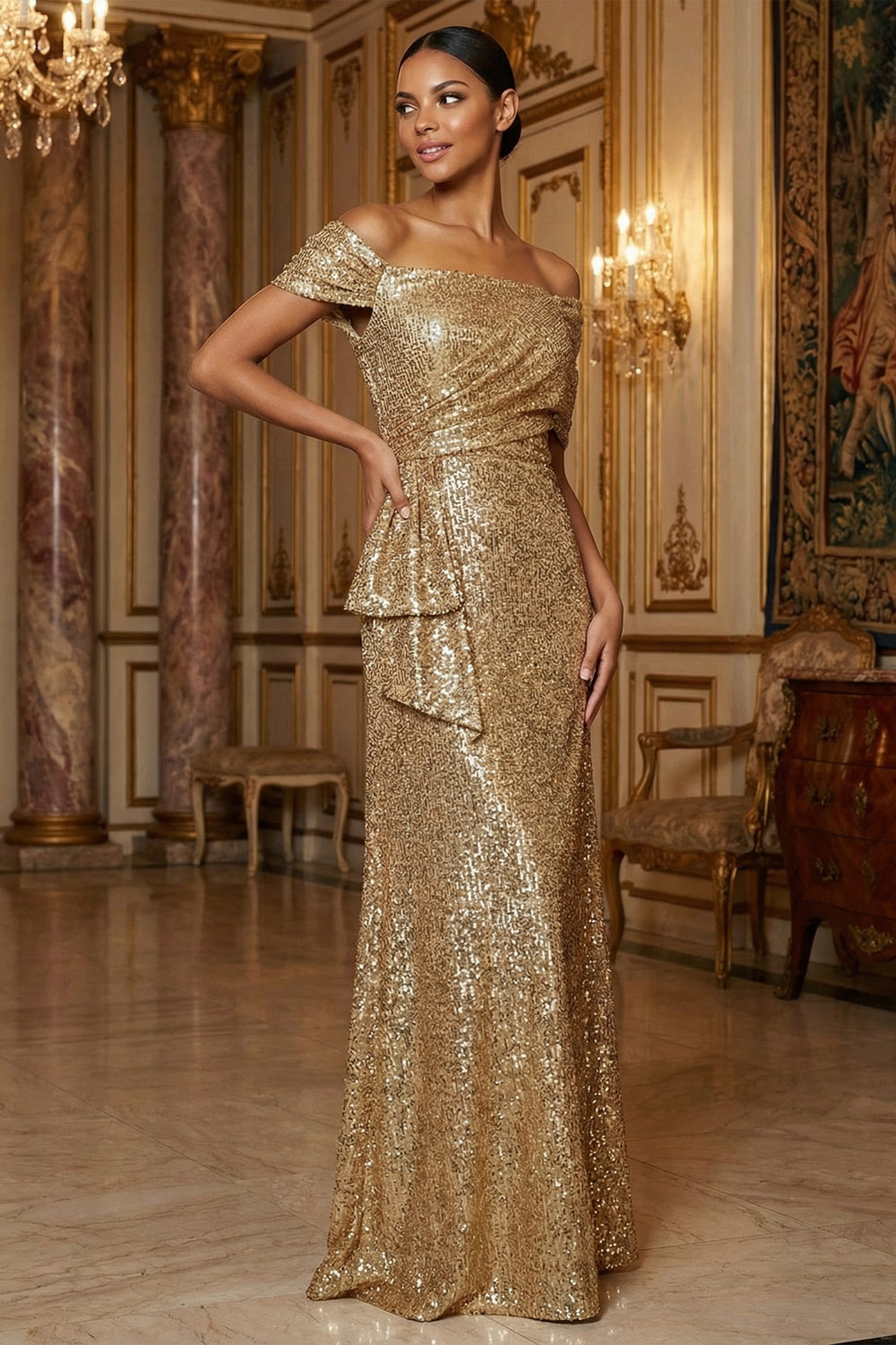Champagne Formal Party Dress A-Line Off the Shoulder Sequin Maxi Dress 
