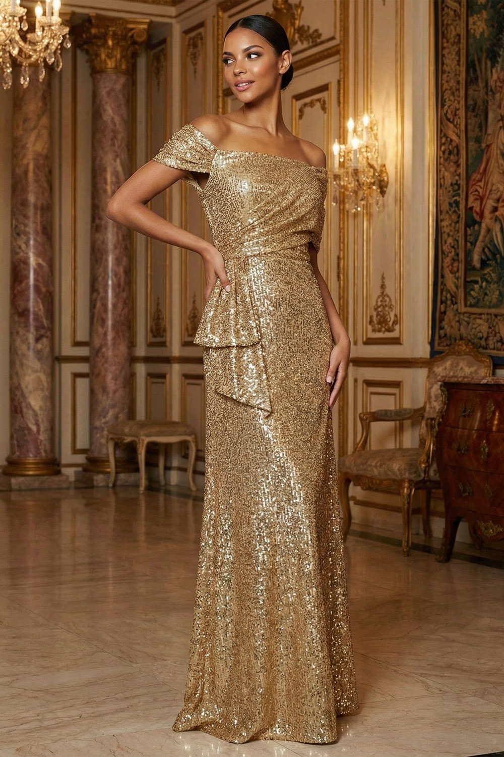 Champagne Formal Party Dress A-Line Off the Shoulder Sequin Maxi Dress 