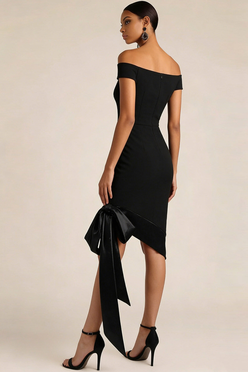 Black Formal Evening Dress Off the Shoulder Midi Dress with Bowknot