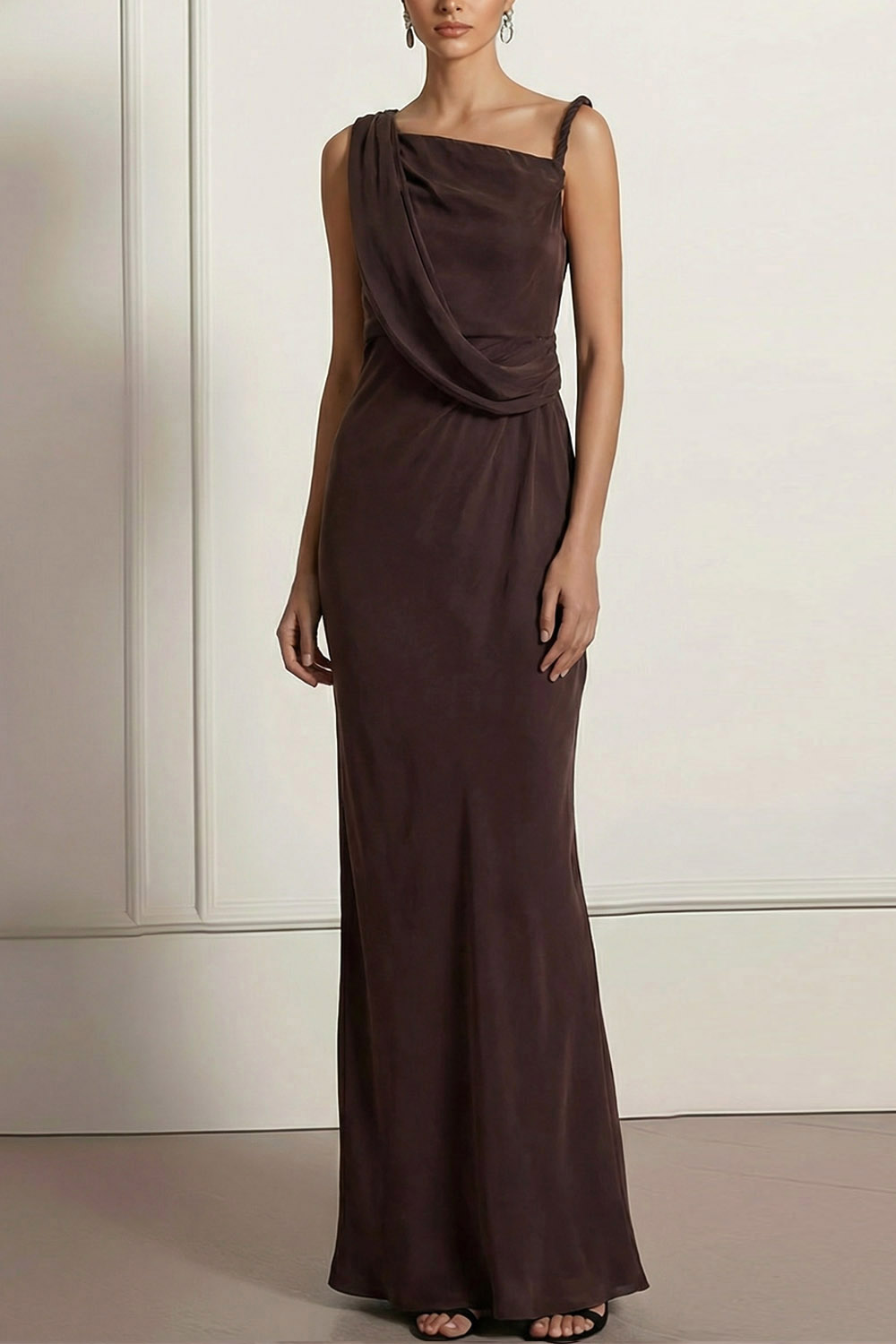 Brown Formal Evening Dress Sheath Asymmetrical Neck Chiffon Maxi Dress 