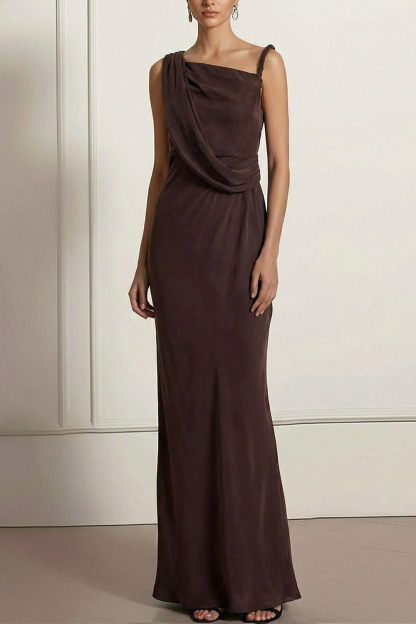 Brown Formal Evening Dress Sheath Asymmetrical Neck Chiffon Maxi Dress 