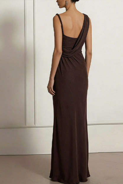 Brown Formal Evening Dress Sheath Asymmetrical Neck Chiffon Maxi Dress 