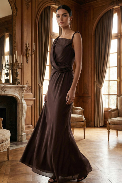 Brown Formal Evening Dress Sheath Asymmetrical Neck Chiffon Maxi Dress 