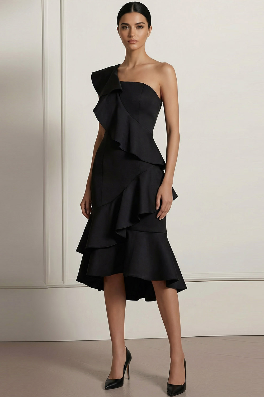 Black Formal Evening Dress One Shoulder Tiered Chiffon Midi Dress