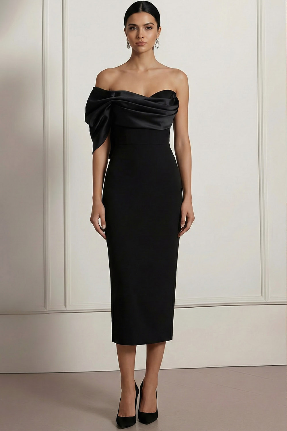 Black Formal Evening Dress Sheath Asymmetrical Neck Satin Midi Dress
