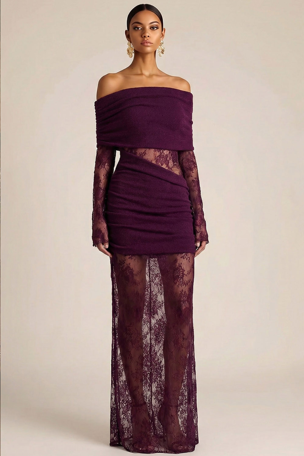 Purplish Red Evening Formal Dress Off the Shoulder Long Sleeve Lace Maxi Dress