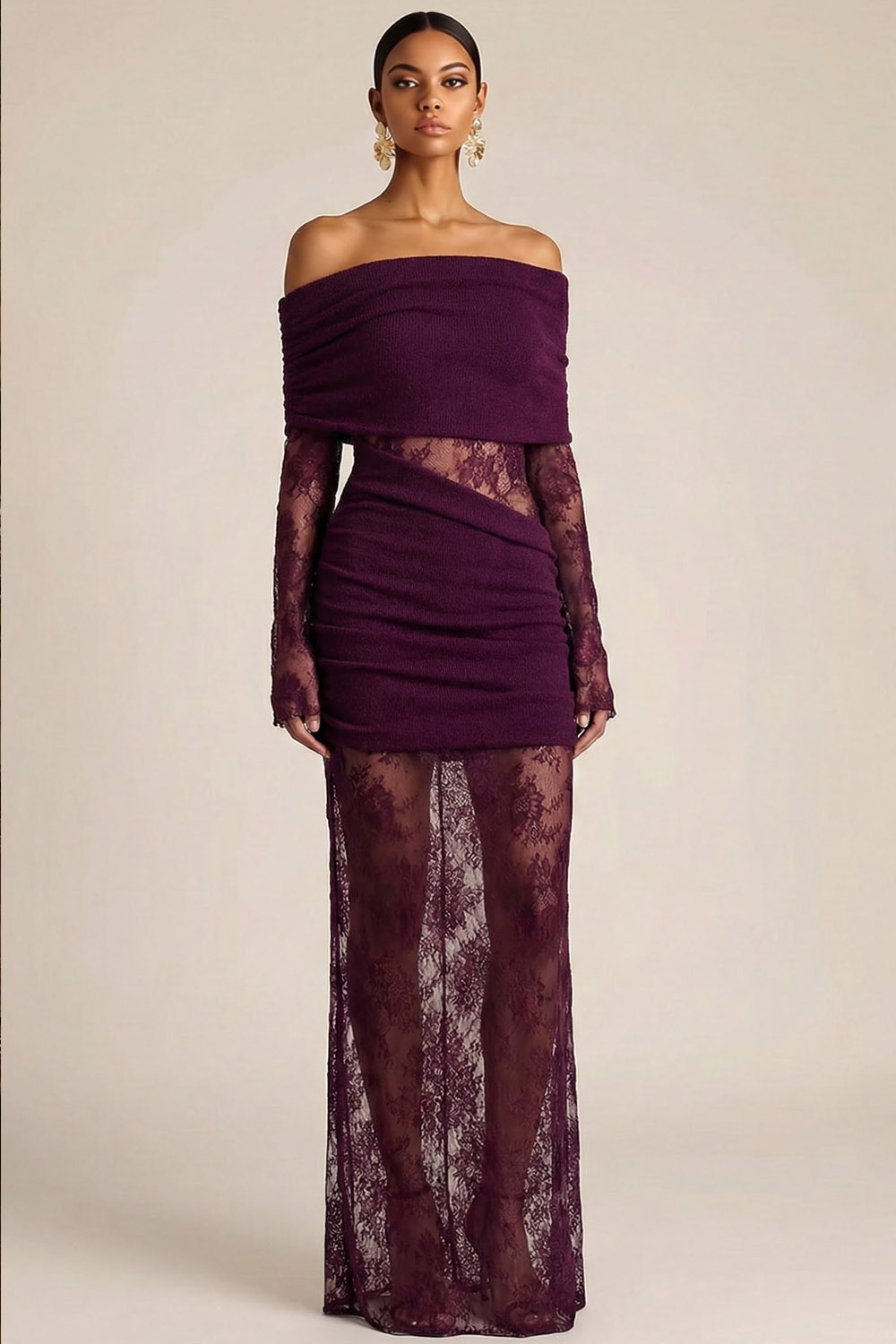 Purplish Red Evening Formal Dress Off the Shoulder Long Sleeve Lace Maxi Dress