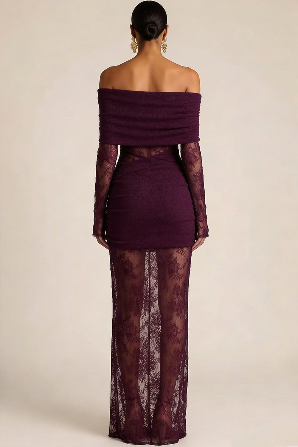Purplish Red Evening Formal Dress Off the Shoulder Long Sleeve Lace Maxi Dress 