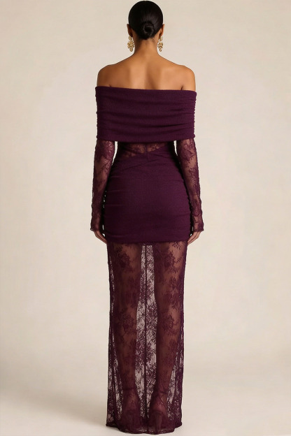 Purplish Red Evening Formal Dress Off the Shoulder Long Sleeve Lace Maxi Dress 