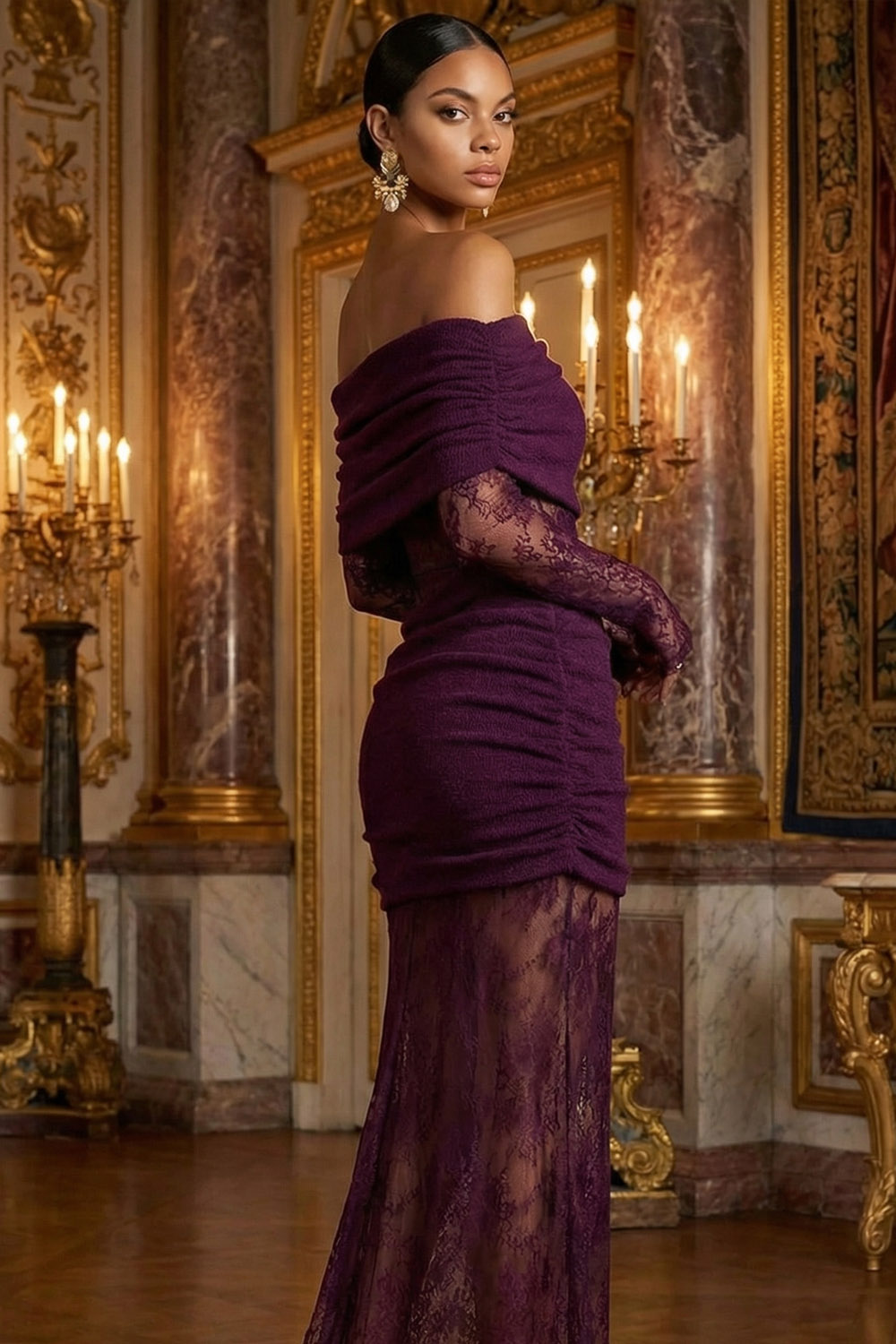 Purplish Red Evening Formal Dress Off the Shoulder Long Sleeve Lace Maxi Dress 