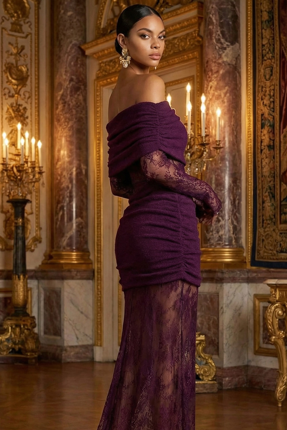 Purplish Red Evening Formal Dress Off the Shoulder Long Sleeve Lace Maxi Dress 