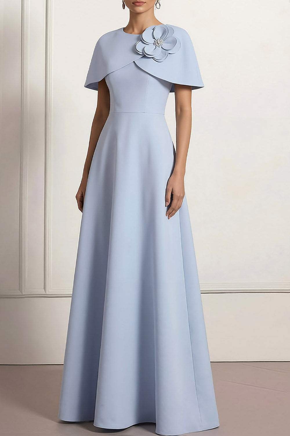 Sky Blue Formal Dress A-Line Round Neck Maxi Dress with Cape