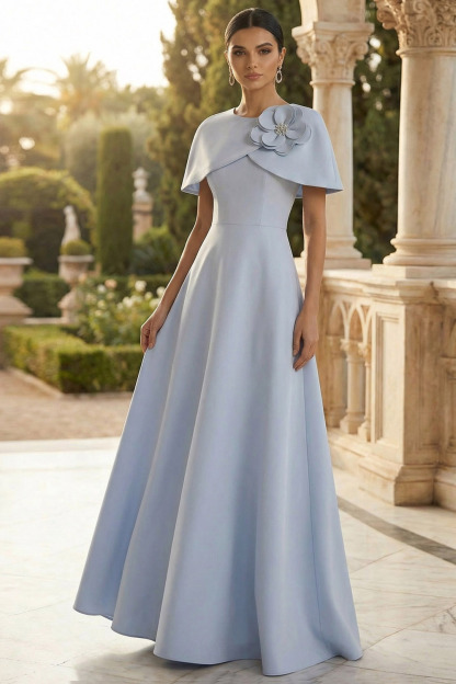 Sky Blue Formal Dress A-Line Round Neck Maxi Dress with Cape