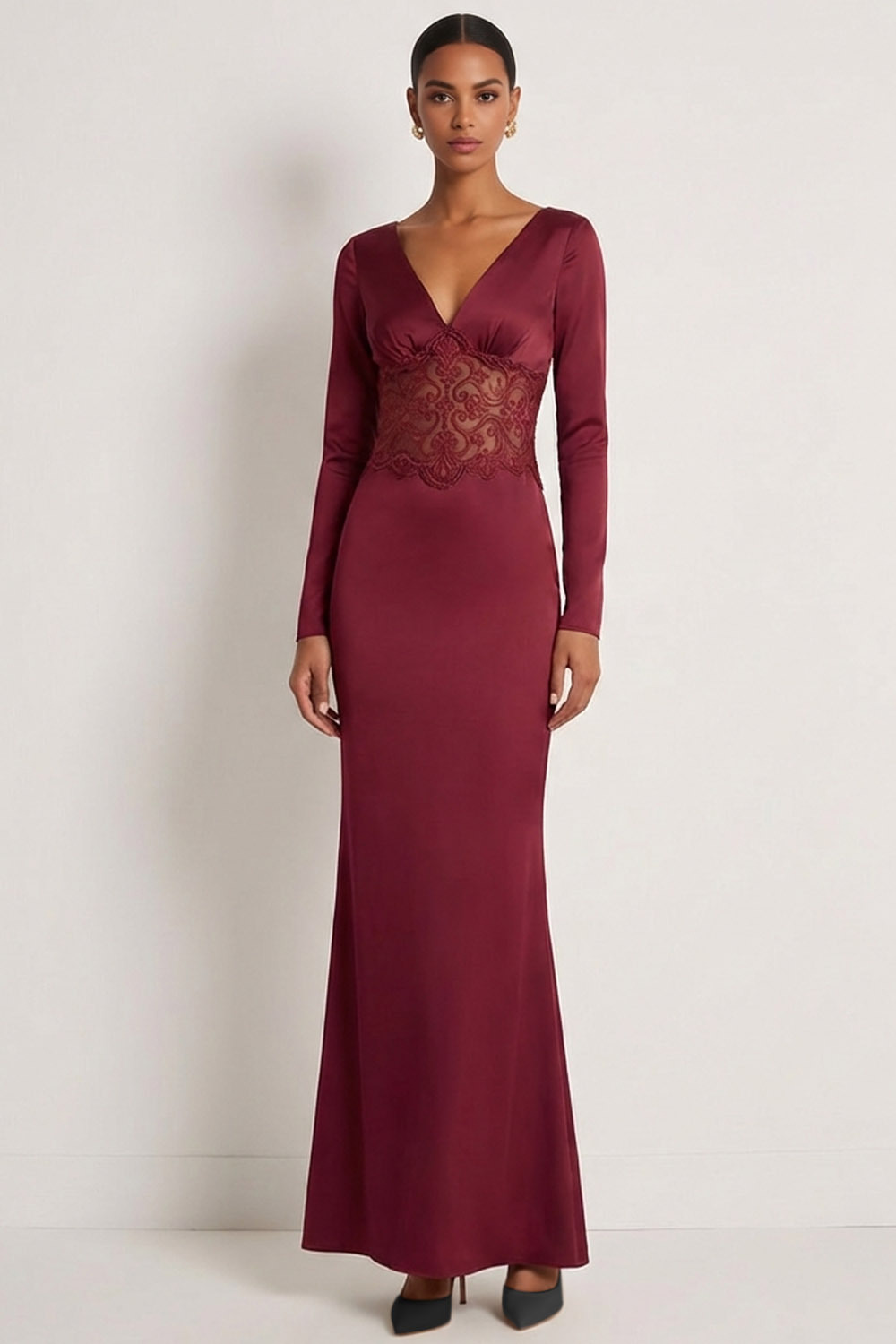 Burgundy Evening Formal Dress Mermaid V-Neck Lace Maxi Dress