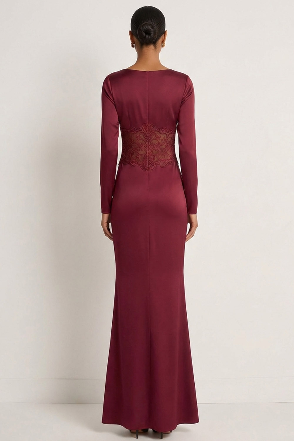 Burgundy Evening Formal Dress Mermaid V-Neck Lace Maxi Dress