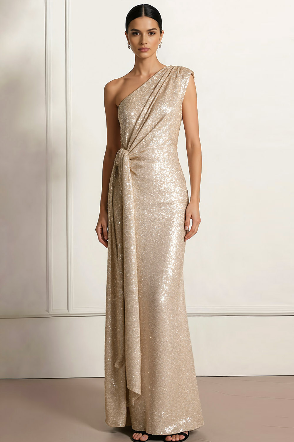 Champagne Formal Party Dress One Shoulder Waist Cape Sequin Maxi Dress