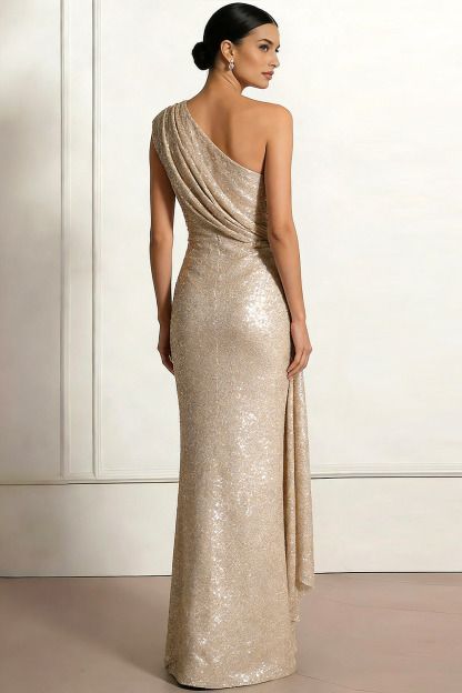 Champagne Formal Party Dress One Shoulder Waist Cape Sequin Maxi Dress