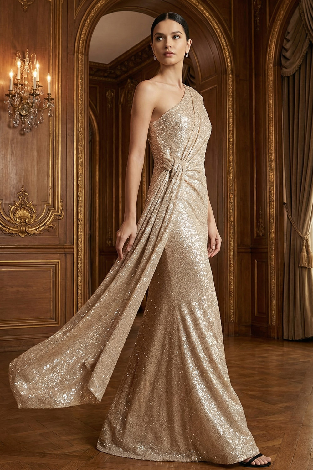 Champagne Formal Party Dress One Shoulder Waist Cape Sequin Maxi Dress