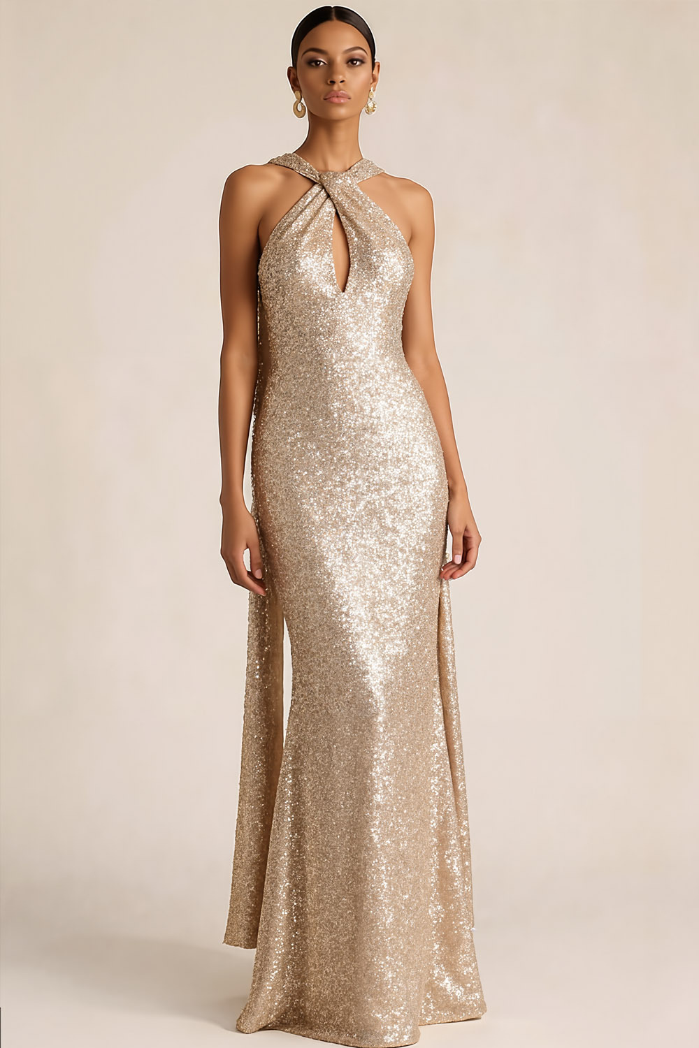Champagne Formal Party Dress Keyhole Sequin Maxi Dress with Scarf