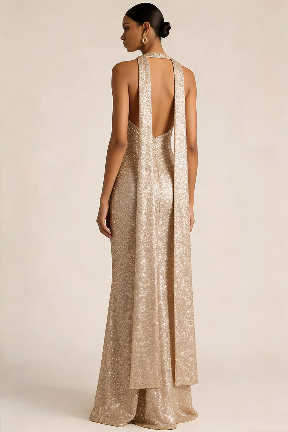Champagne Formal Party Dress Keyhole Sequin Maxi Dress with Scarf