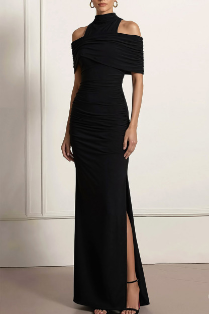 Black Formal Dress Sheath Cold Shoulder Chiffon Maxi Dress with Slit