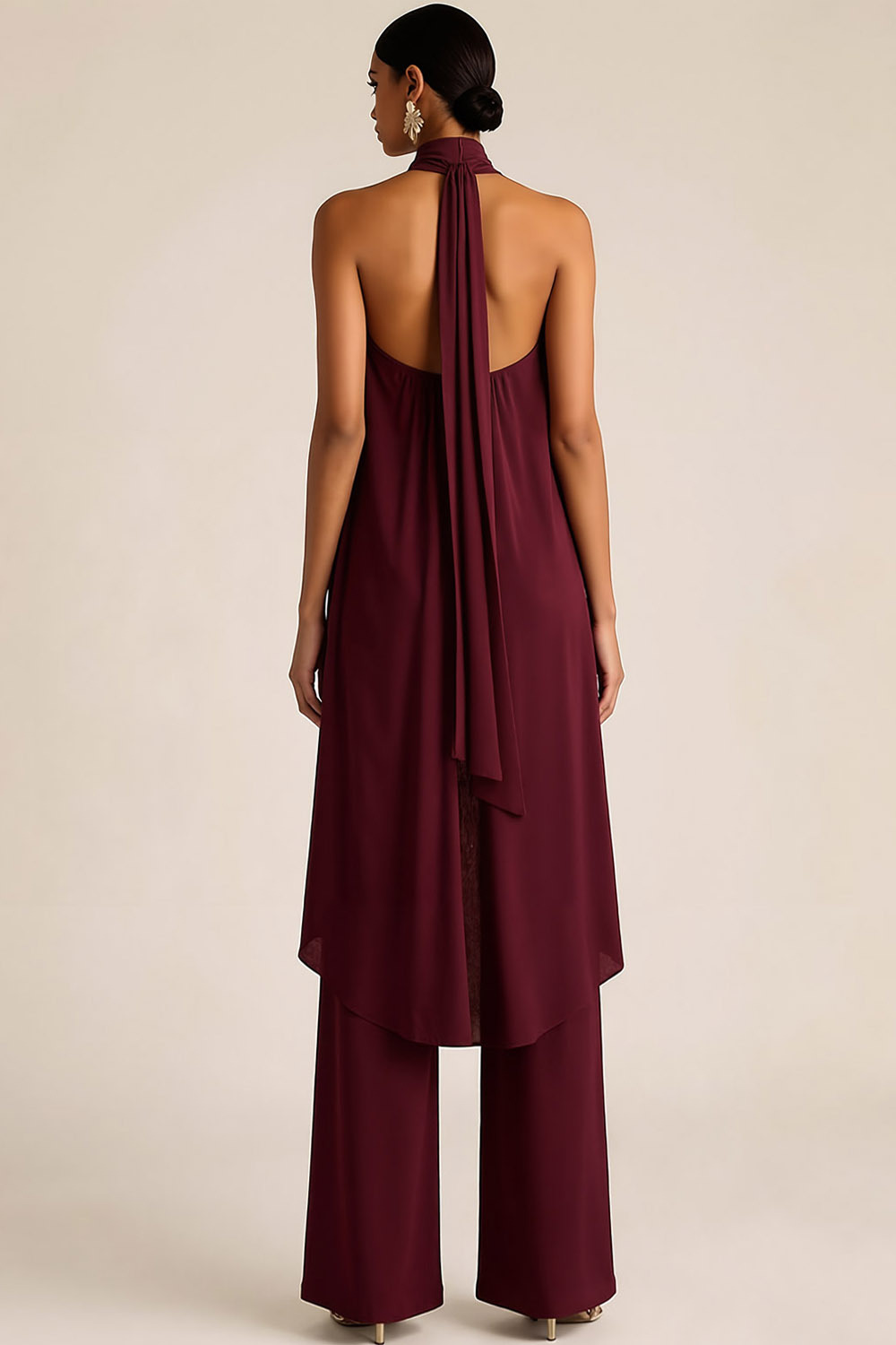 Burgundy Casual Outfit Set Halter Chiffon Pants Set 