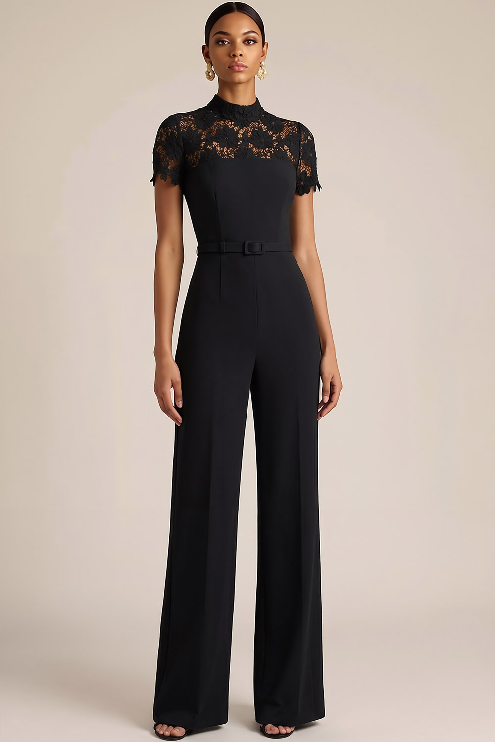 Black Formal Jumpsuit High Neck Lace Short Sleeve Jumpsuit 