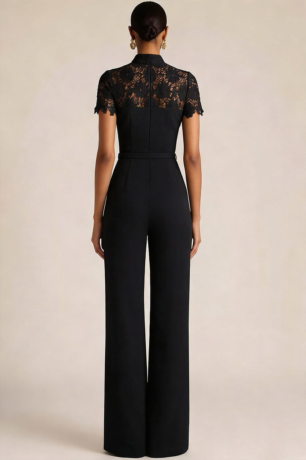 Black Formal Jumpsuit High Neck Lace Short Sleeve Jumpsuit 