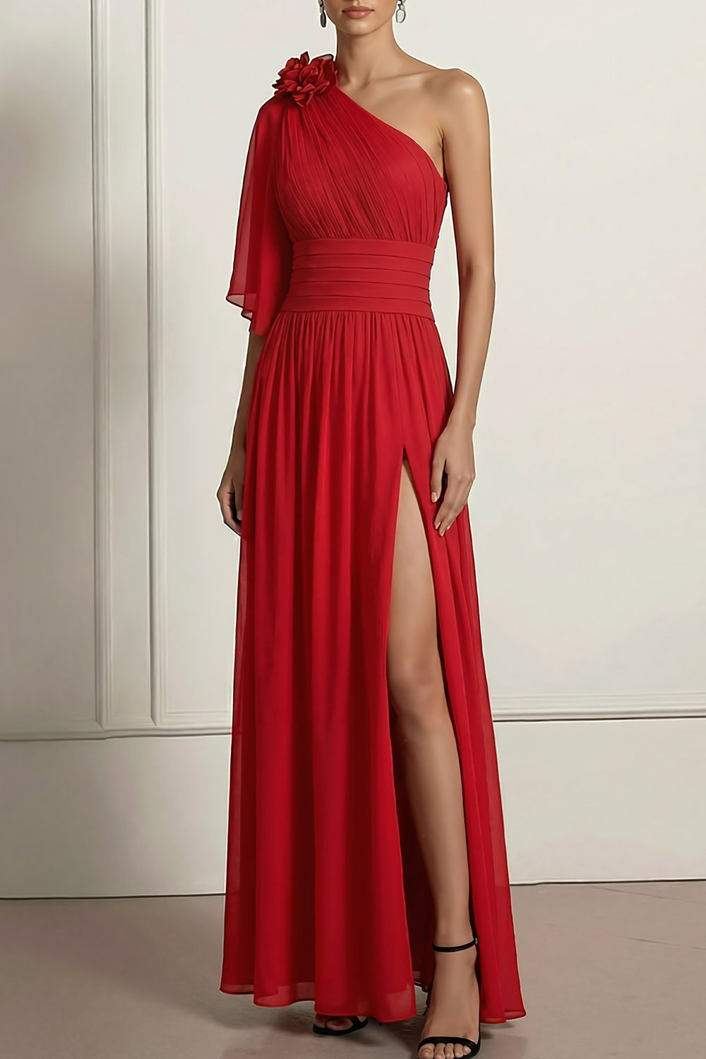 Red Formal Dress A-Line One Shoulder Ruffle Chiffon Maxi Dress with Slit
