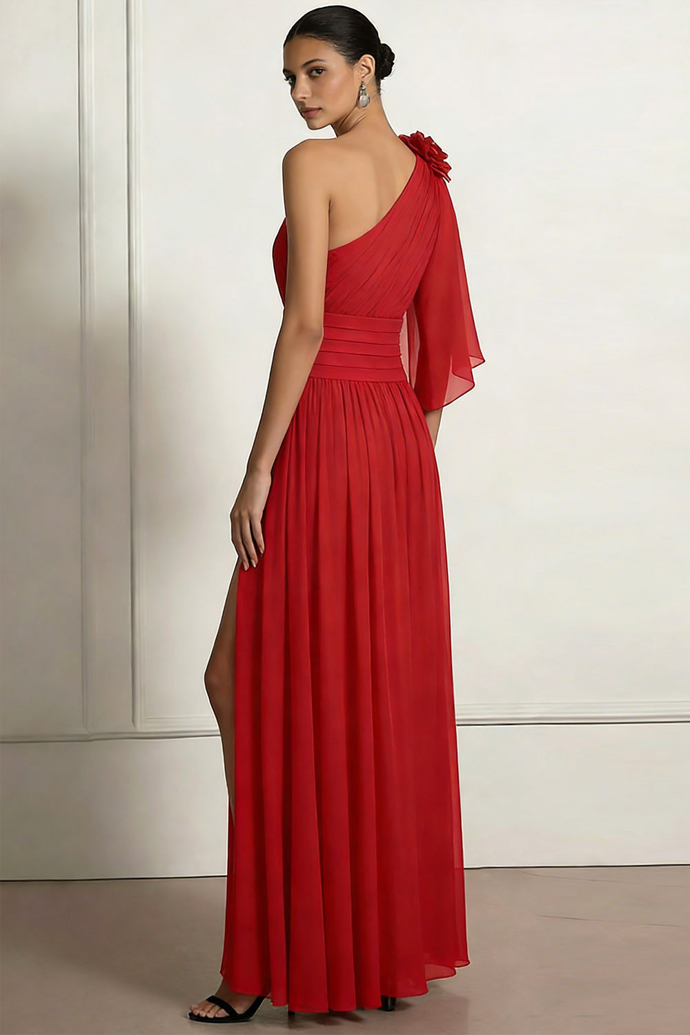 Red Formal Dress A-Line One Shoulder Ruffle Chiffon Maxi Dress with Slit