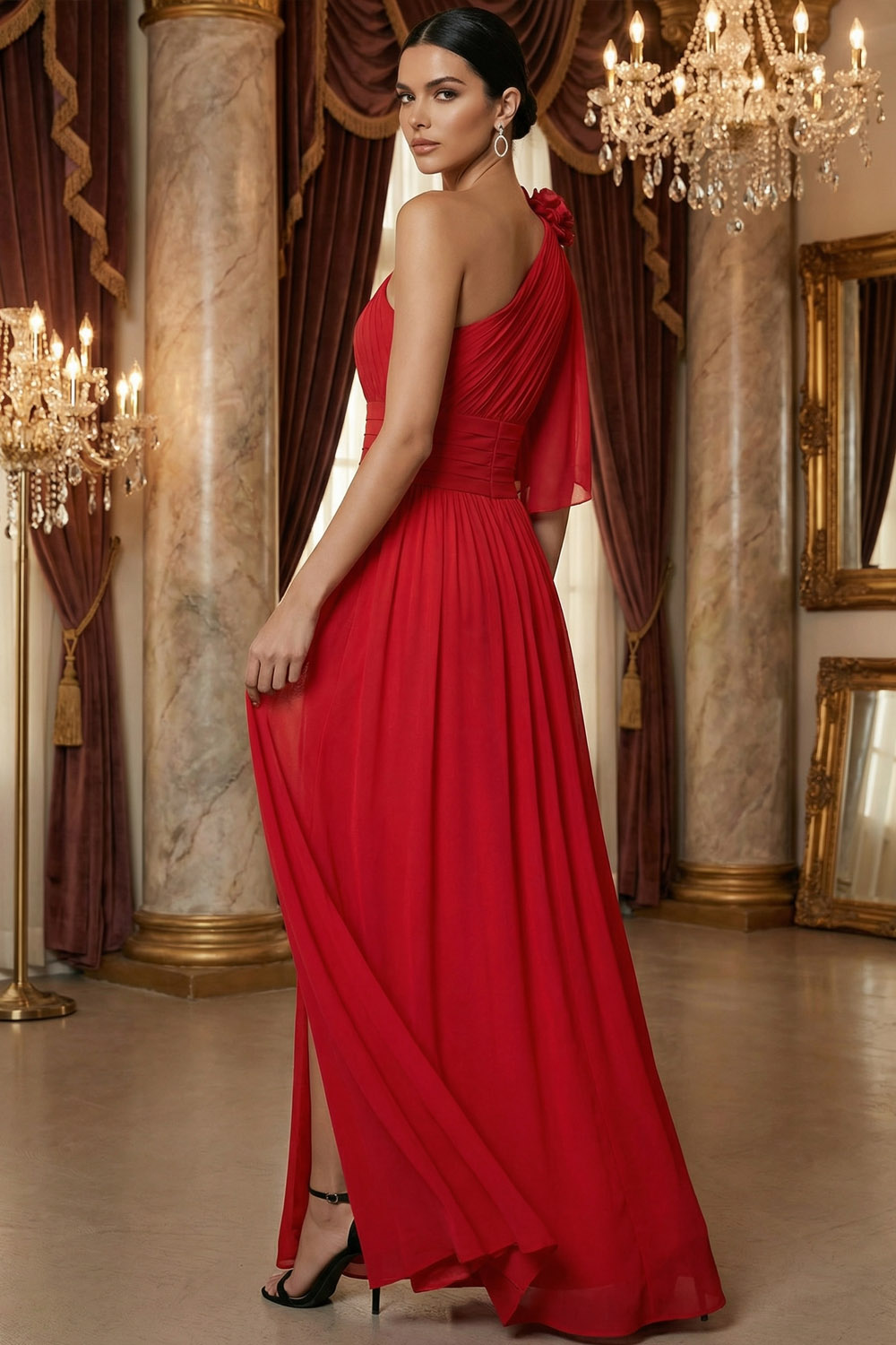 Red Formal Dress A-Line One Shoulder Ruffle Chiffon Maxi Dress with Slit
