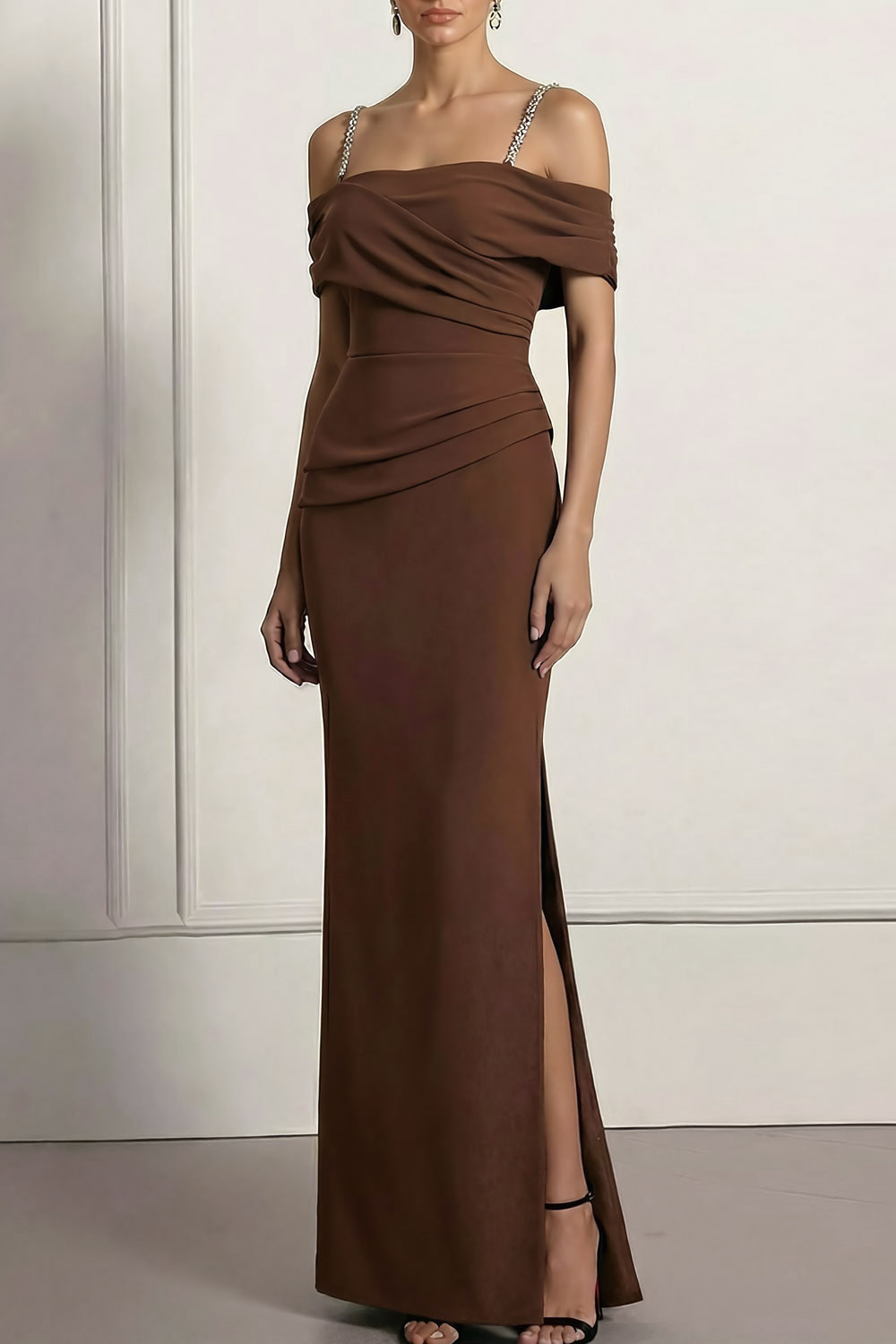 Brown Formal Evening Dress Off the Shoulder Chiffon Maxi Dress with Slit