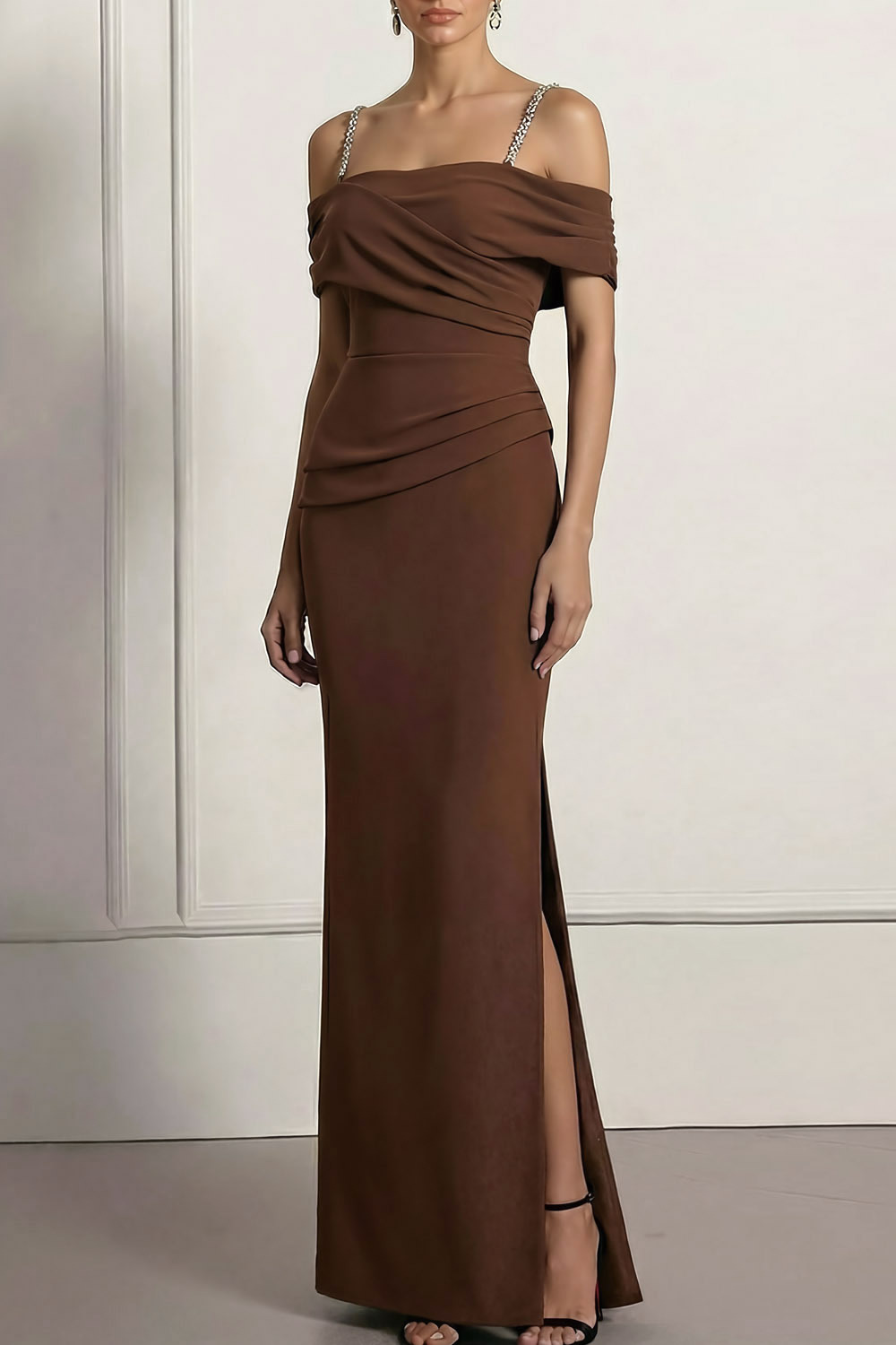 Brown Formal Evening Dress Off the Shoulder Chiffon Maxi Dress with Slit