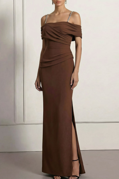 Brown Formal Evening Dress Off the Shoulder Chiffon Maxi Dress with Slit