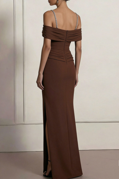 Brown Formal Evening Dress Off the Shoulder Chiffon Maxi Dress with Slit
