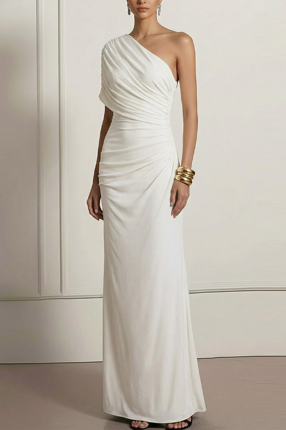 White Evening Formal Dress One Shoulder Ruched Chiffon Maxi Dress 
