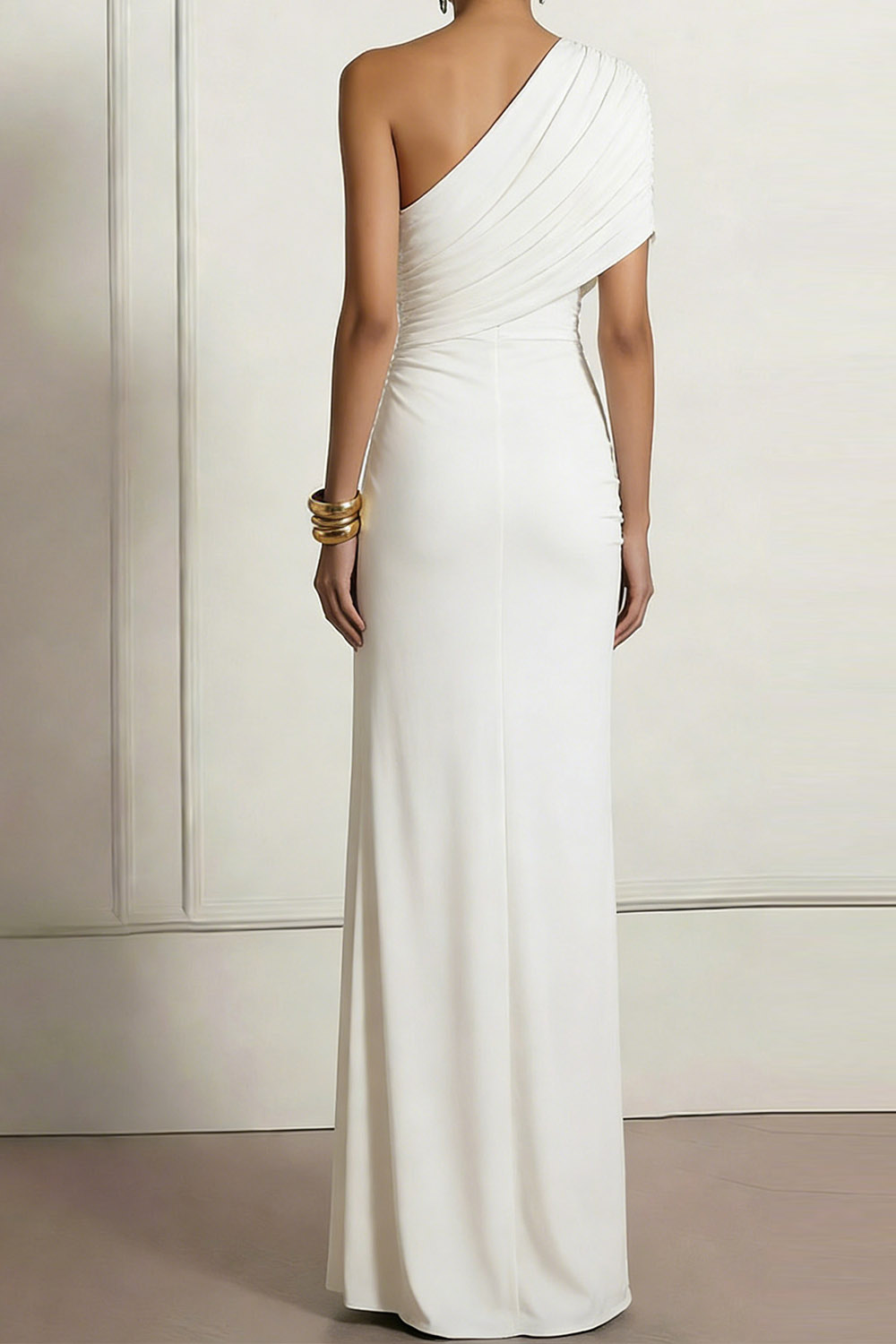 White Evening Formal Dress One Shoulder Ruched Chiffon Maxi Dress 