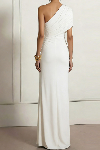 White Evening Formal Dress One Shoulder Ruched Chiffon Maxi Dress 