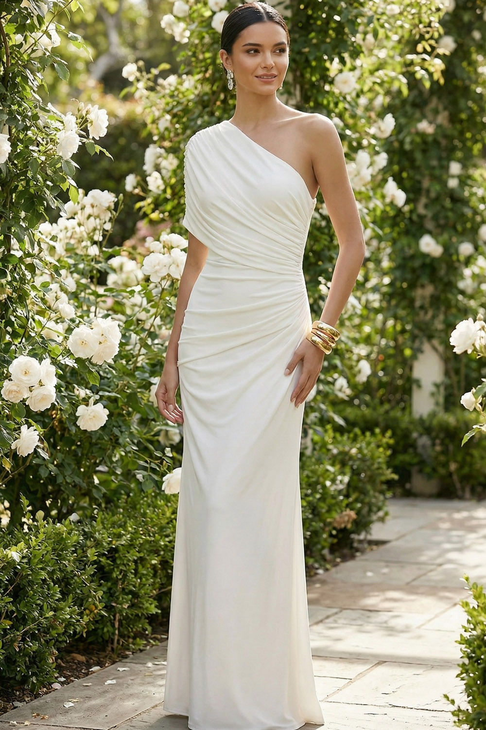White Evening Formal Dress One Shoulder Ruched Chiffon Maxi Dress 