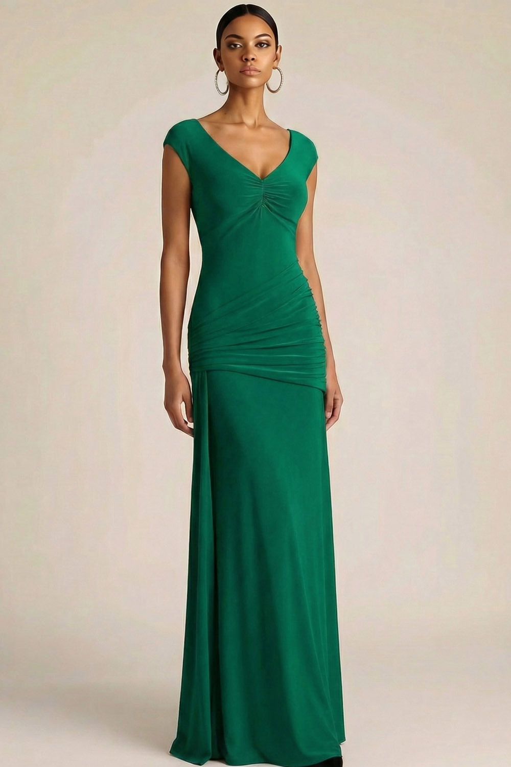 Red Formal Evening Dress V-Neck Sleeveless Ruched Chiffon Maxi Dress 