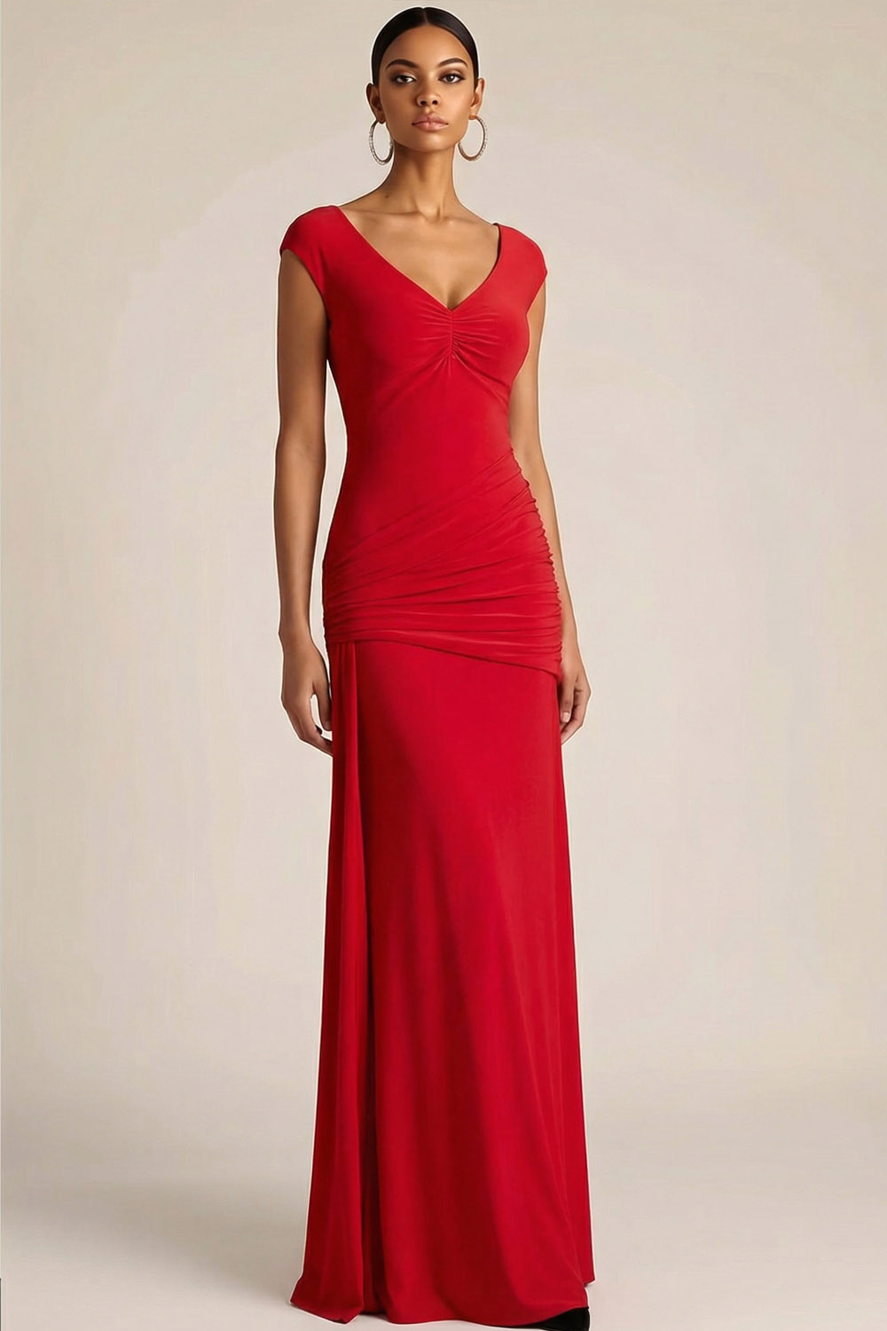 Red Formal Evening Dress V-Neck Sleeveless Ruched Chiffon Maxi Dress